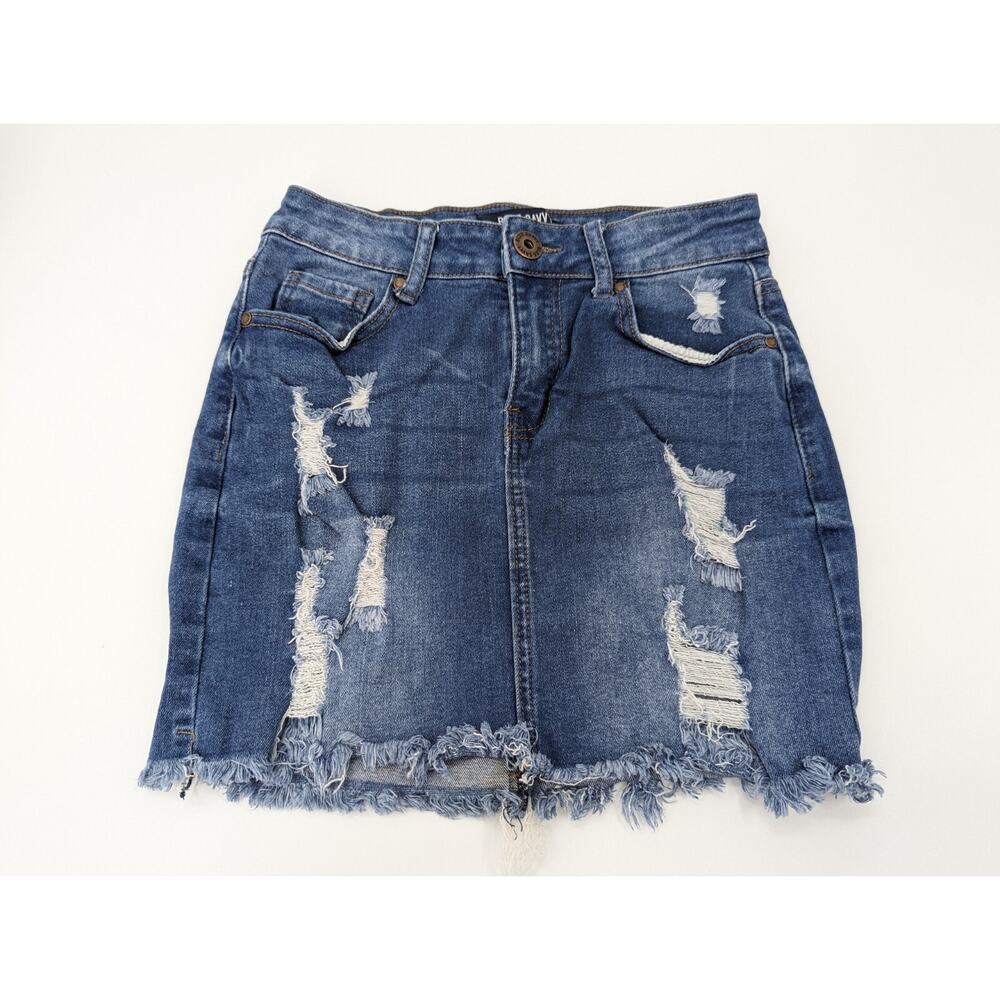 Blue Savvy Women's Blue Denim Distressed Mini Skirt Button Zip Size Medium